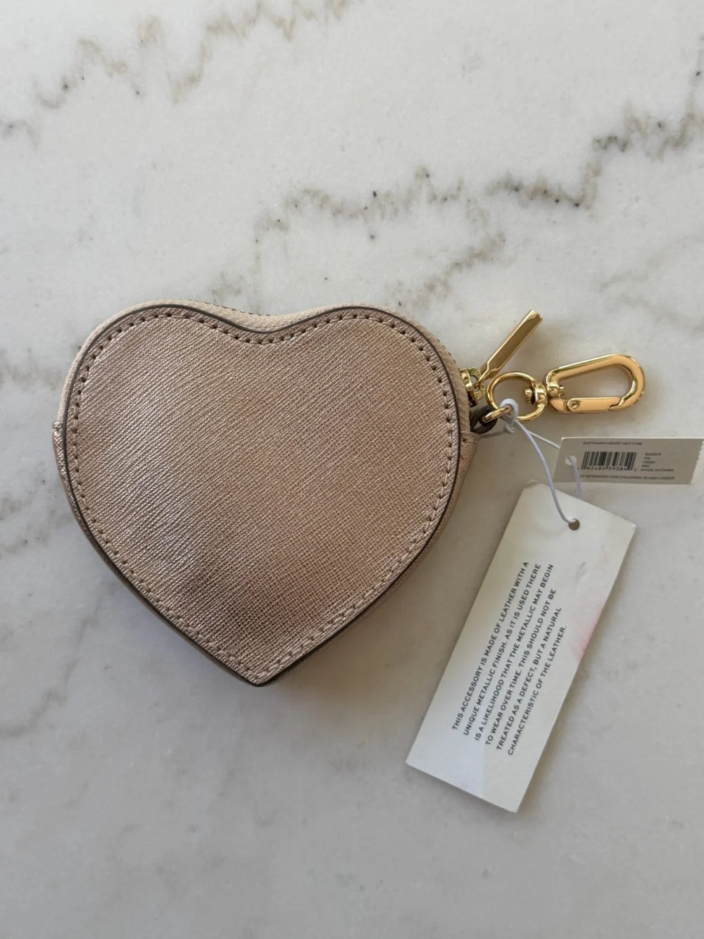 Tory Burch Metallic Rose Gold Heart Leather Coin Purse Keychain Charm NWT